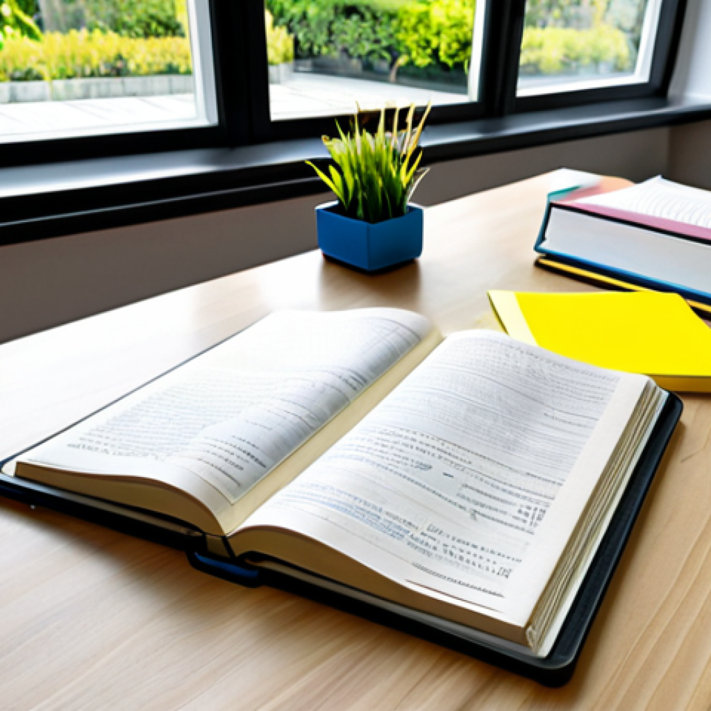 "Language Study Desk"**
A well-organized desk with textbooks, dictionaries (both paper and on a tablet), sticky notes, and a laptop displaying a translation exercise. The desk is in a bright, modern study room with a window overlooking a peaceful garden. Focus on a sense of focused learning and preparation. Safe for work, appropriate content, fully clothed, professional study environment, perfect anatomy (referring to hands holding pens etc.), natural proportions, high quality.
**