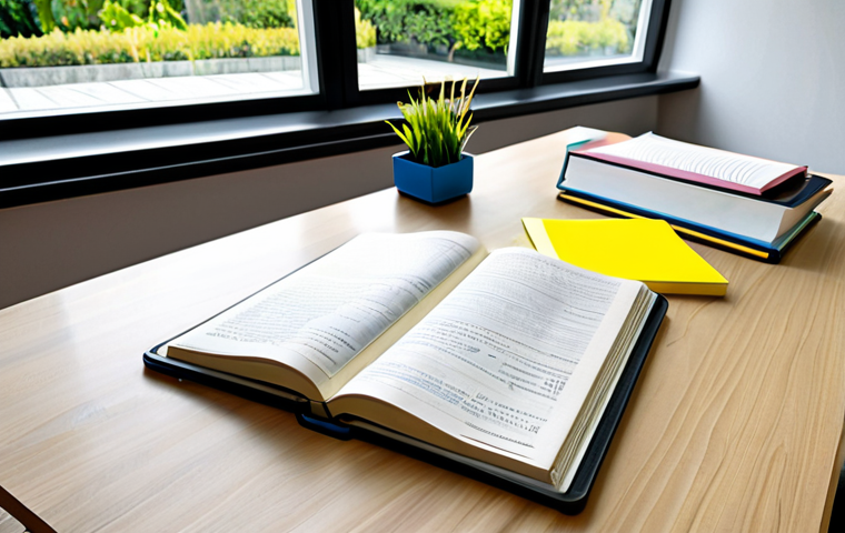 "Language Study Desk"**

A well-organized desk with textbooks, dictionaries (both paper and on a tablet), sticky notes, and a laptop displaying a translation exercise. The desk is in a bright, modern study room with a window overlooking a peaceful garden. Focus on a sense of focused learning and preparation. Safe for work, appropriate content, fully clothed, professional study environment, perfect anatomy (referring to hands holding pens etc.), natural proportions, high quality.

**