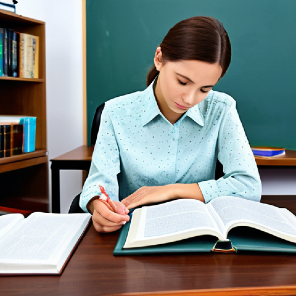 **
A professional translator, fully clothed in a modest blouse and skirt, diligently studying translation materials at a desk filled with books and dictionaries. Background: a bright, organized study room. Safe for work, appropriate content, professional, perfect anatomy, natural proportions, well-formed hands, proper finger count.
**