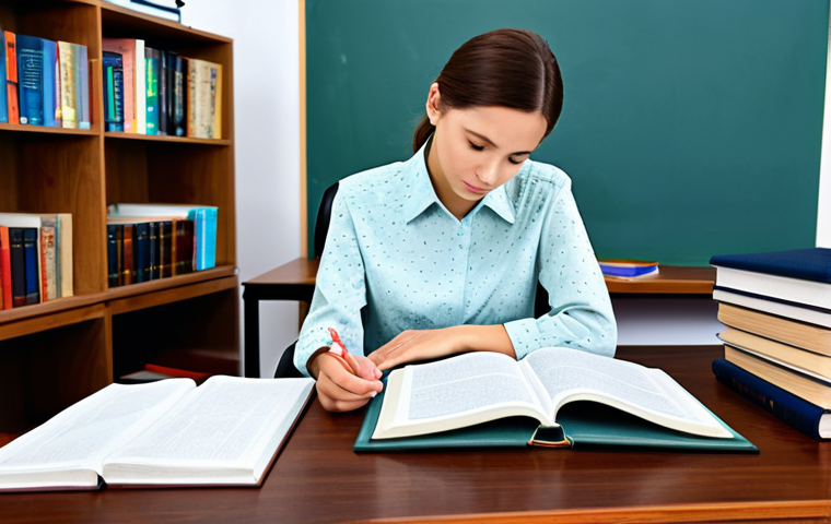 **

A professional translator, fully clothed in a modest blouse and skirt, diligently studying translation materials at a desk filled with books and dictionaries. Background: a bright, organized study room. Safe for work, appropriate content, professional, perfect anatomy, natural proportions, well-formed hands, proper finger count.

**
