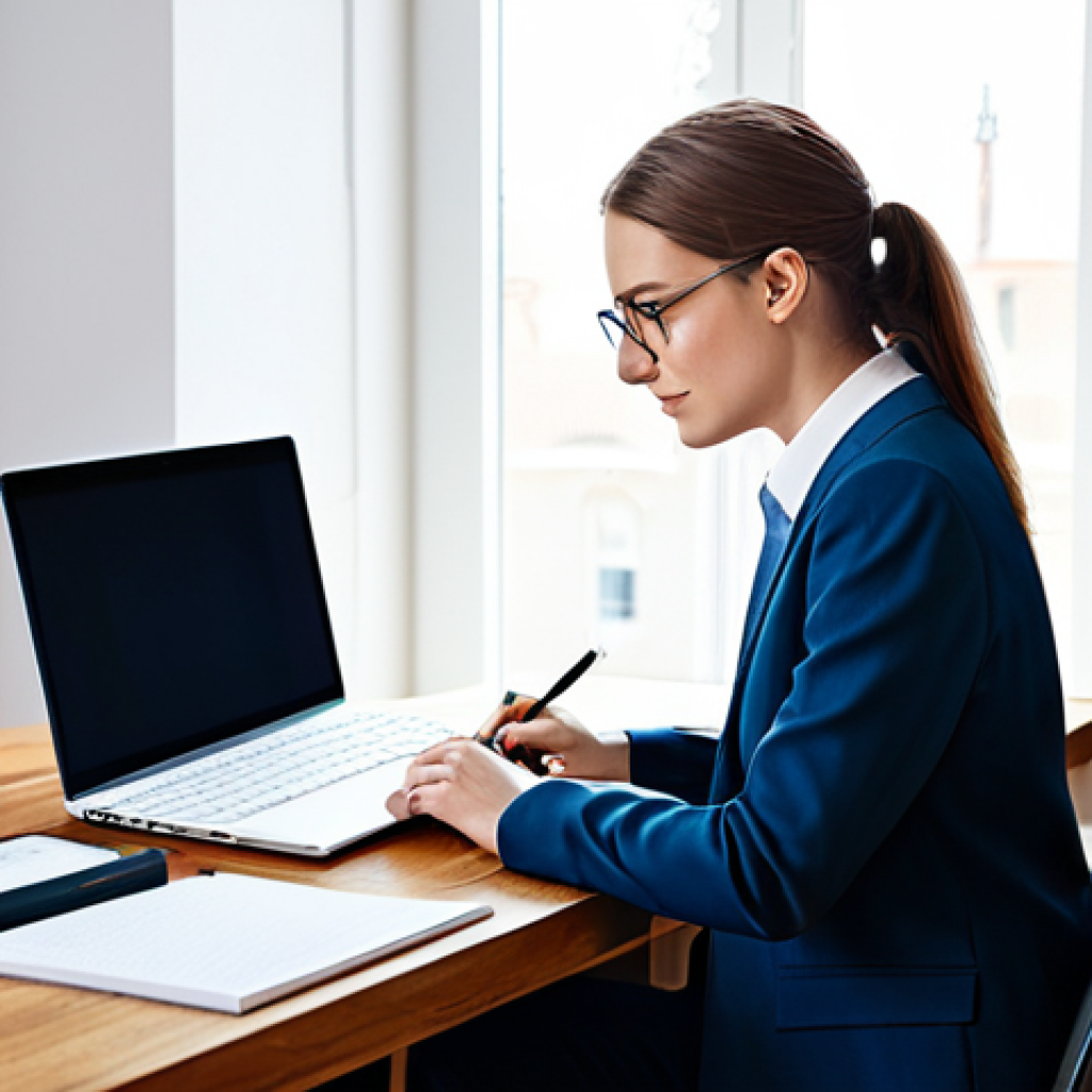 **
A confident freelance translator, fully clothed in professional attire, working at a bright, modern desk at home. Surrounded by books and a laptop displaying translation software. Natural light, perfect anatomy, correct proportions, safe for work, appropriate content, modest.
**