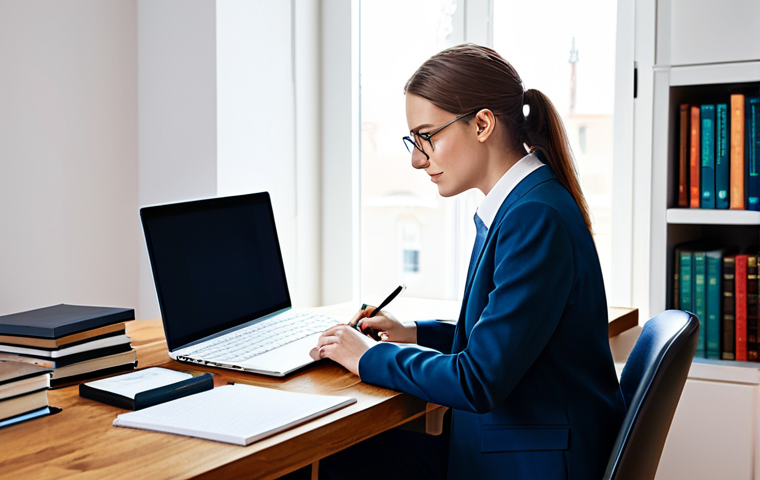 **
A confident freelance translator, fully clothed in professional attire, working at a bright, modern desk at home. Surrounded by books and a laptop displaying translation software. Natural light, perfect anatomy, correct proportions, safe for work, appropriate content, modest.
**