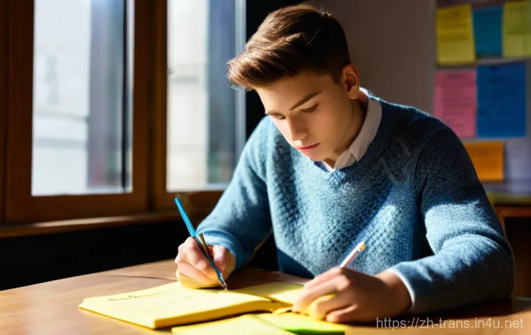 번역사 자격증 시험의 고득점 비결 - **Prompt:** A focused young adult (appearing to be in their early twenties, wearing neat, casual att...