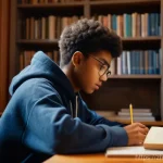 Home 12 번역사 자격증 필기시험 대비 강좌 - A highly detailed, cinematic shot of a young person, approximately 16 years old, deeply engrossed in...