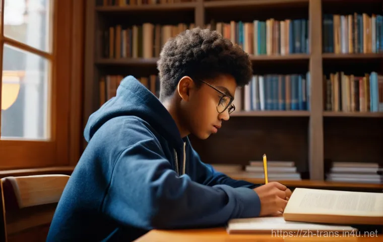 번역사 자격증 필기시험 대비 강좌 - A highly detailed, cinematic shot of a young person, approximately 16 years old, deeply engrossed in...