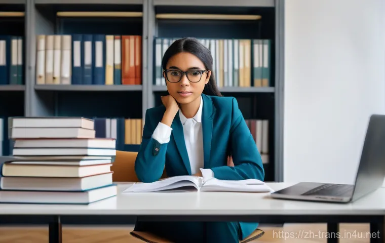 번역사 자격증 관련 기관에서의 도움 받기 - A focused young professional, of diverse ethnicity, male or female, is seated at a well-organized, m...