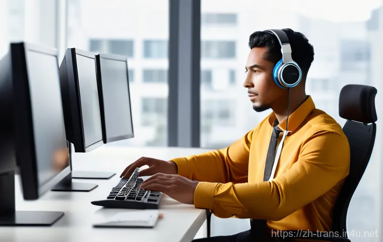 번역사 자격증 관련 기관에서의 도움 받기 - A focused young professional, of diverse ethnicity, male or female, is seated at a well-organized, m... 번역사 자격증 관련 기관에서의 도움 받기 - A focused young professional, of diverse ethnicity, male or female, is seated at a well-organized, m...